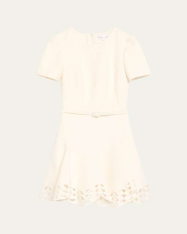 Short-Sleeve Cutout-Hem Tweed Mini Dress With Belt